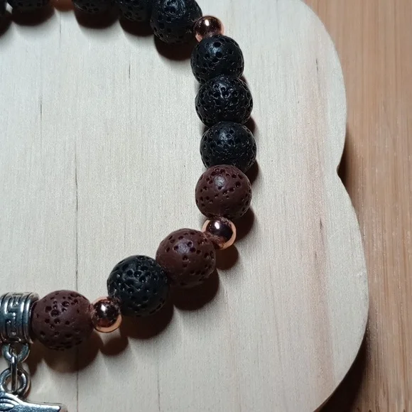Anubis Charm And Lava Stone Beaded Bracelet - Black and Brown - Picture 3 of 4